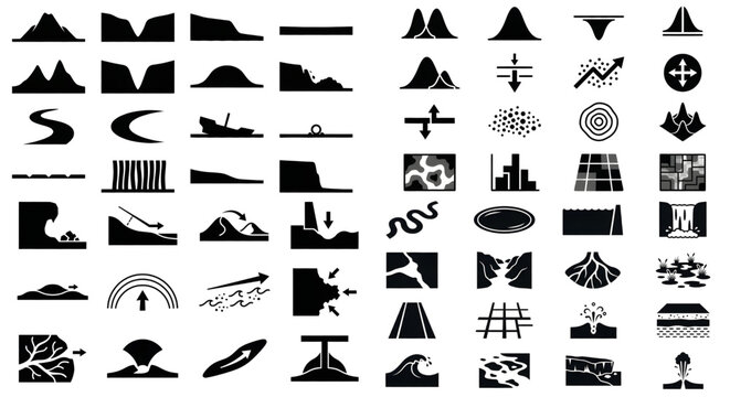 Geography and geology landform topographic silhouette icon set, Various geographical features, geological processes, landforms, and topographic symbols.