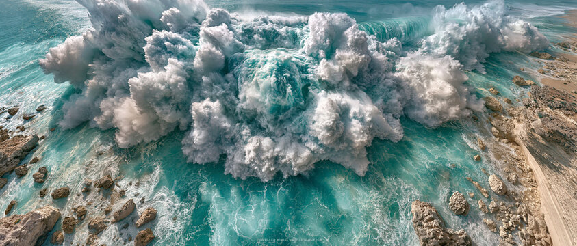 Gigantic turquoise ocean wave crashing dramatically, aerial perspective, white sea foam exploding into the air