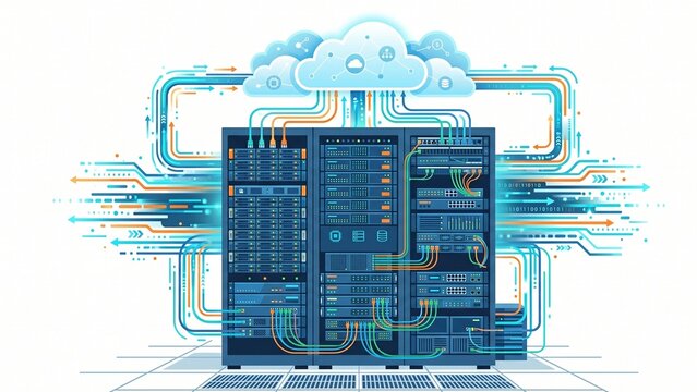 Enterprise cloud hosting server rack infrastructure vector illustration