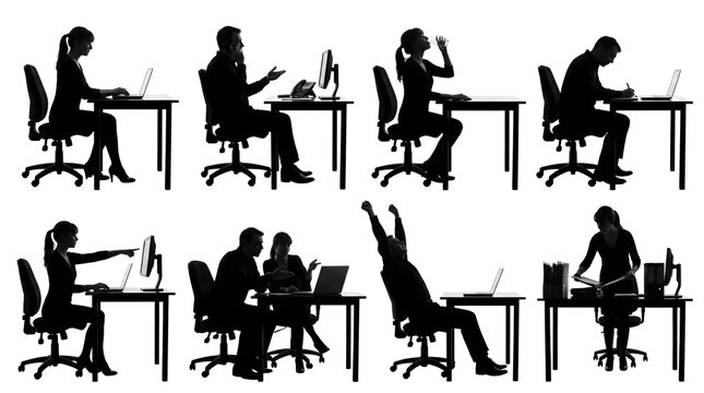 Silhouettes of office workers at desks in modern workspace with minimalist design and natural light