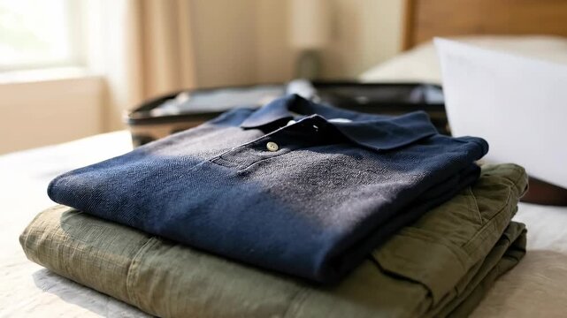 Folded clothing, a navy polo shirt and olive green pants, rests neatly on a bed next to an open suitcase, suggesting preparation for a journey.