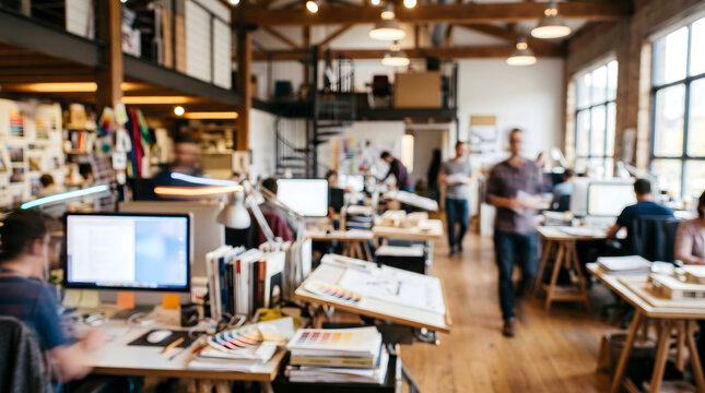 Creative professionals collaborating in modern wooden studio with warm natural light