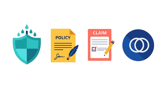 A vector graphic illustration of insurance icons including a shield, policy document, claim form, and logo, representing protection and security