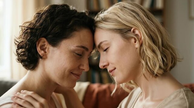 An intimate portrait captures a moment of tender connection between two women, foreheads touching, eyes closed in serene contentment, symbolizing deep affection and emotional bonding.