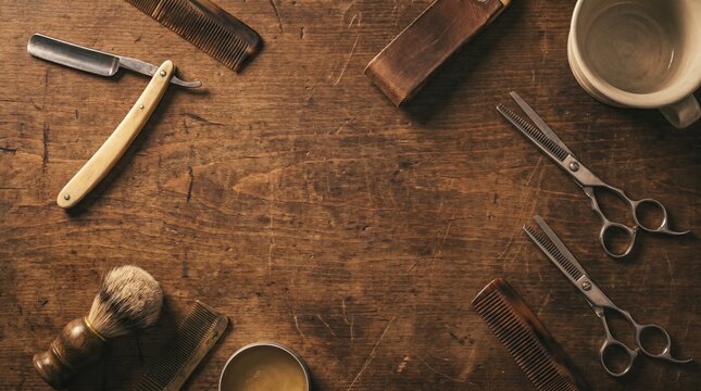 Barber tools arranged on a wooden workbench with a mug and leather case nearby