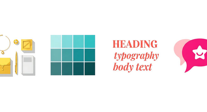 A colorful vector graphic showcasing a palette of teal shades, typography examples, and stationery items on a white background.