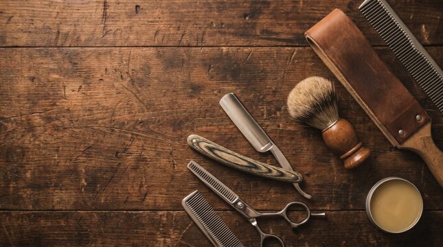 Vintage barber tools arranged on a wooden table with leather strap and cup of coffee