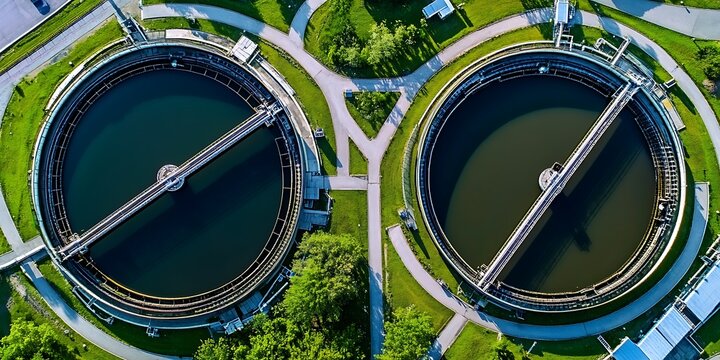 Top down aerial shot of water treatment basins with mechanical purification equipment.