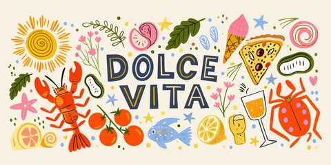 Italian themed food and nature vector illustration with colorful details © Raben