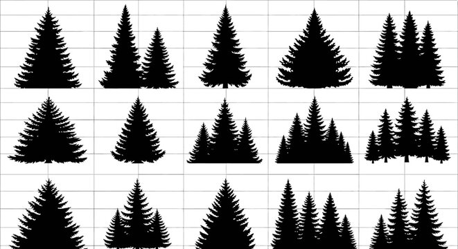 Collection of various pine tree silhouettes on a grid background for design and decoration purposes
