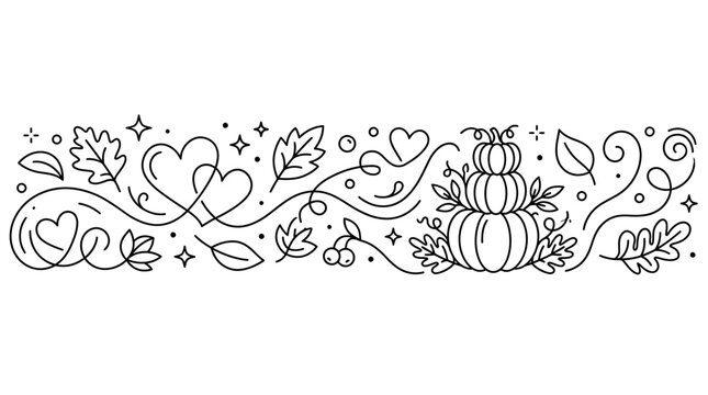 Autumn harvest doodle border with pumpkins and leaves.
