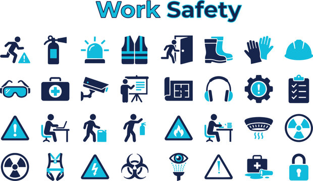 Work safety icon set collection in solid glyph style, goggles, hard hat, engineer, exit, first aid, glove, and an icon pack containing safety.