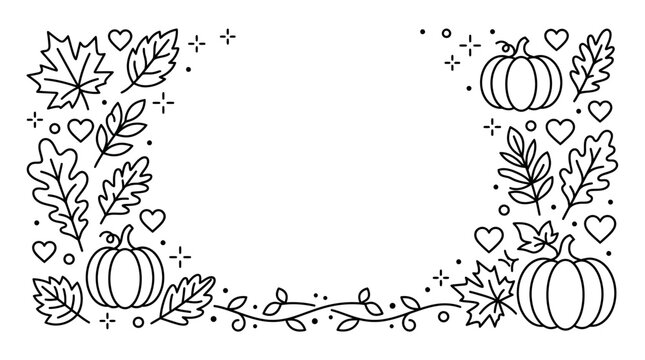 Autumn harvest doodle border frame with pumpkins and leaves.