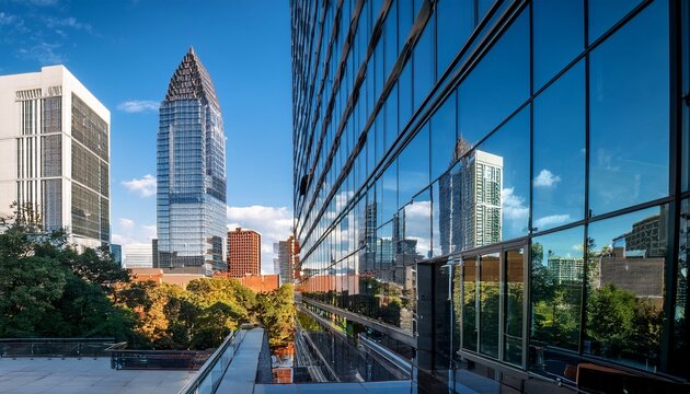 reflection of skyline of buckhead georgia in an office building