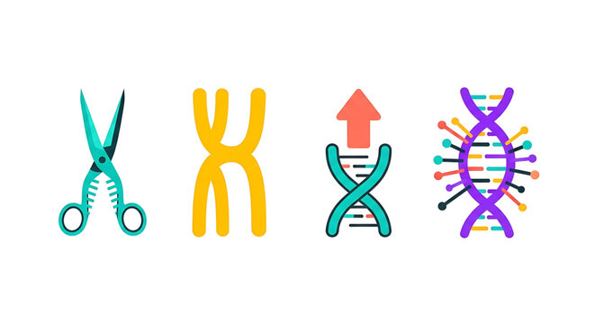 A vector graphic illustration of DNA editing and genetic engineering icons