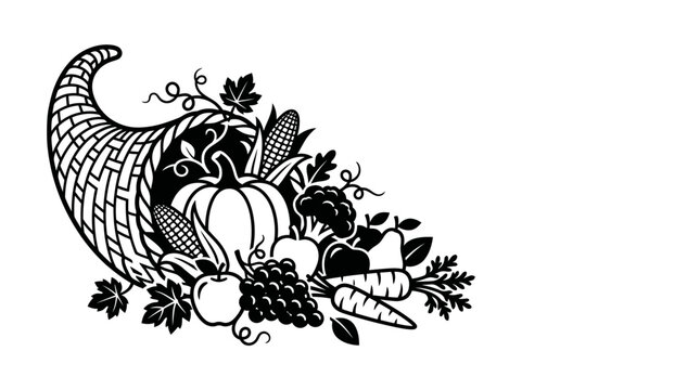 Black and white cornucopia illustration with harvest fruits and vegetables.