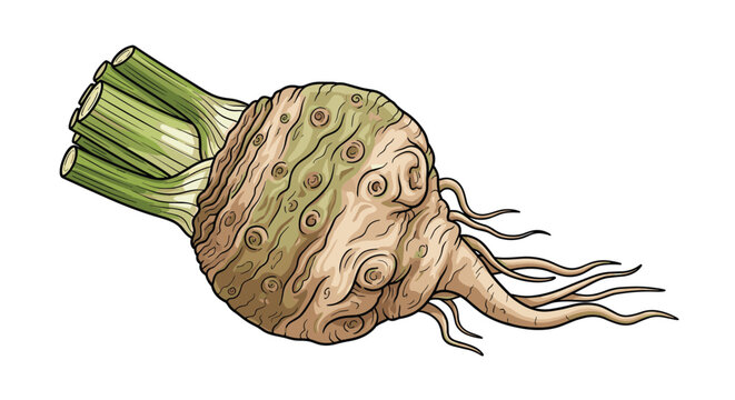 Large celeriac root vegetable with its characteristic knobby brown skin and green stalks is shown from the side as a healthy food ingredient.