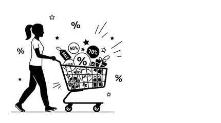 A black and white sketch of a woman pushing a shopping cart full of discounts. © hasna