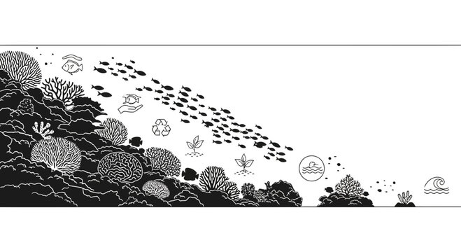 Black and white illustration of a coral reef with a school of fish.