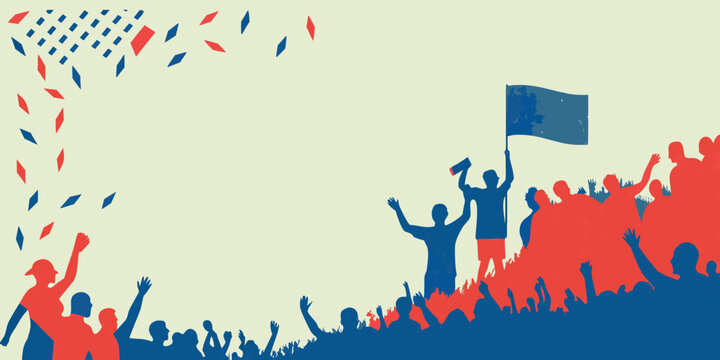 Crowd Silhouette With Confetti And Flag Vector Illustration