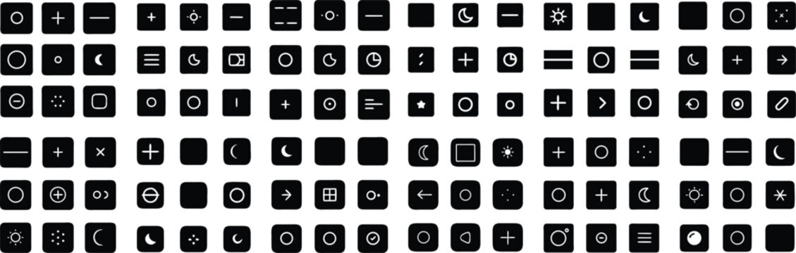 A collection of minimalist black icons on a white background, showcasing a variety of symbols including geometric shapes, mathematical operators, and abstract elements.