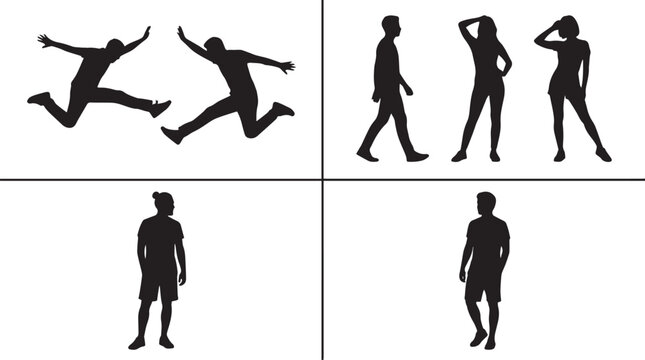 Silhouette vector collection of people in active poses jumping running standing and posing isolated on white background