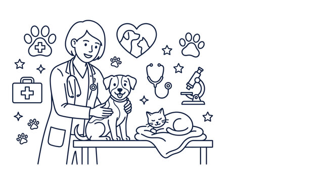 A friendly veterinarian examining a dog with a cat resting nearby.