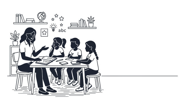 A teacher instructing a group of young elementary school students in a classroom setting.