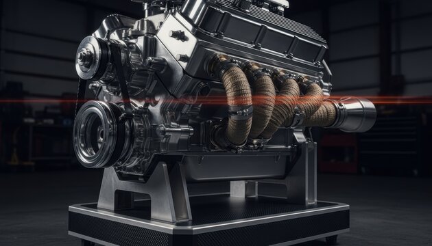 Polished chrome V8 engine with exhaust manifold and heat shielding, showcasing automotive engineering.