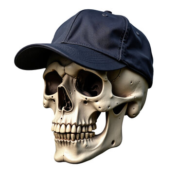 A human skull wearing a casual baseball cap