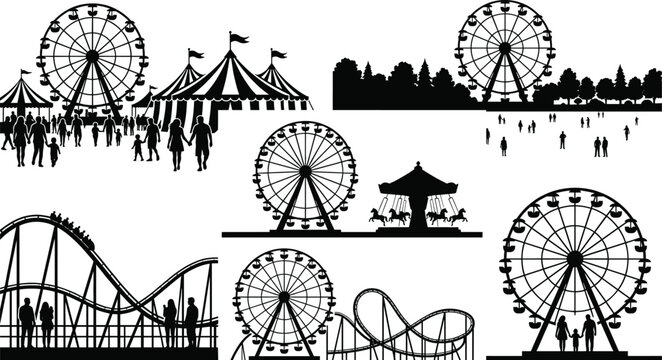 Vector set of minimalist Ferris wheel line icons and silhouettes for amusement park and carnival graphic design.eps, 