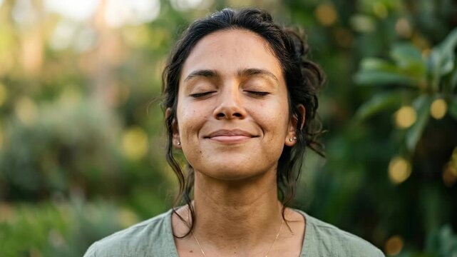 A serene woman with closed eyes and a gentle smile experiences a moment of deep tranquility amidst a lush, natural setting, radiating inner peace and contentment.
