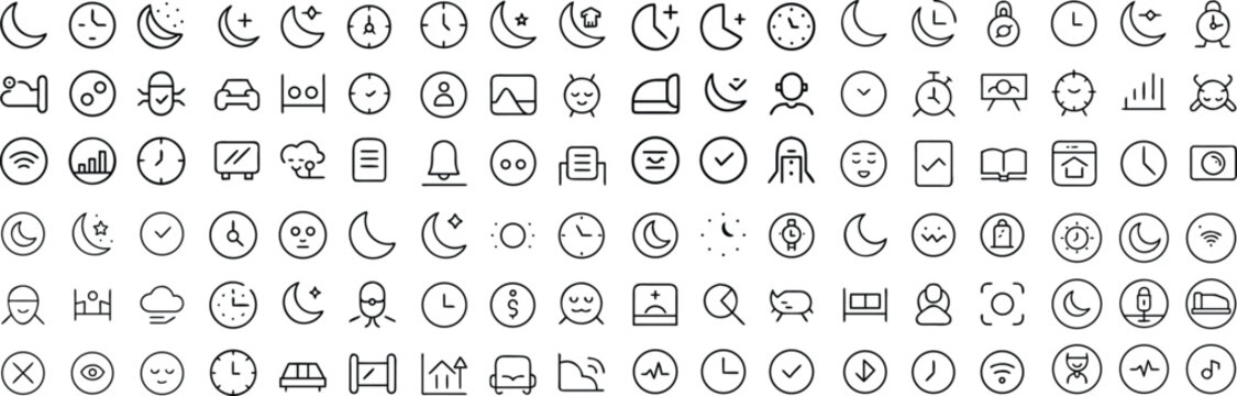 A collection of diverse outline icons representing various aspects of sleep, time, and dreams.