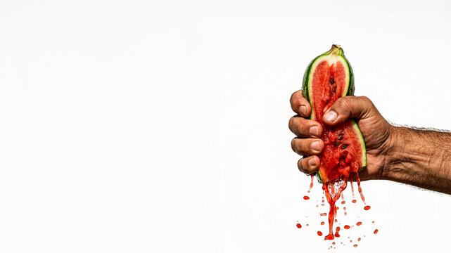 Closeup view of a brown skin male hand squeezing a small watermelon with splashing juice over white background with copy space for food beverage advertising