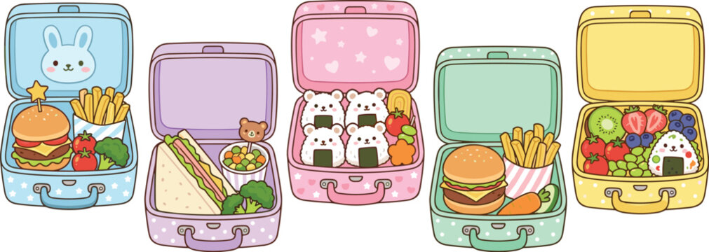 Cute lunch box collection with sandwiches sushi burgers and healthy meals cartoon vector illustration set for kids