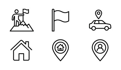 Fototapeta premium Collection of line icons representing achievement and navigation a person reaching a mountain peak with flag