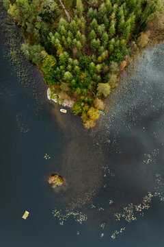 Aerial View of Lake Shore in Autumn Sweden