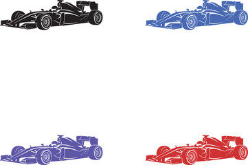 Obraz premium A group of four formula one racing car silhouettes in different colors on transparent background.