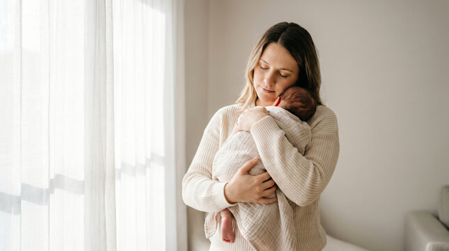 A gentle mother tenderly holds her newborn baby, swaddled in a soft blanket, bathed in soft natural light