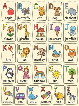 Educational English alphabet poster for kids, colorful illustrated ABC chart with animals and objects, nursery school learning wall art, cute hand drawn vocabulary flashcards