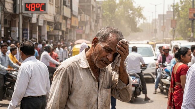 Man endures sweltering 48&deg;C heat in a crowded city street, visibly struggling with extreme temperatures during a severe heatwave