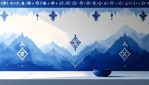 Serene Mountain Landscape with Traditional Patterns.