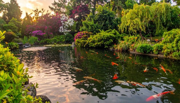 Serene Pond with Koi Fish and Lush Greenery.