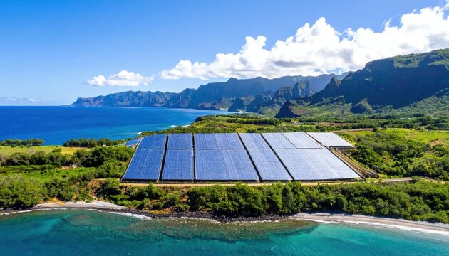 Aerial View of Solar Panels on Coastal Land.