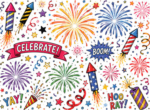 Colorful handdrawn festive doodle illustration featuring exploding fireworks rockets confetti streamers and celebratory typography for party holidays and new year celebrations