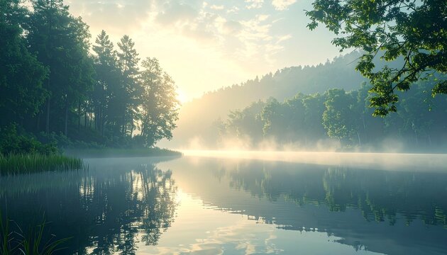 Serene Lake at Sunrise with Misty Forest.