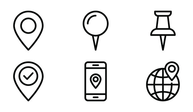 Outline icons for location services and navigation different pin styles a smartphone with a map pin globe