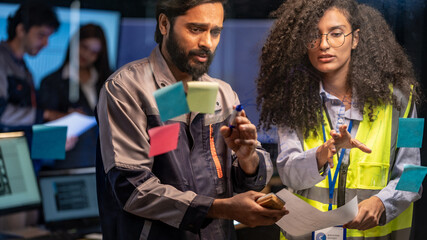 Obraz premium A female green building specialist and an engineer pointing at a glass board with sticky notes while evaluating sustainable construction blueprints.