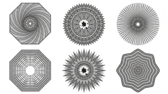 Collection of Six Geometric Mandala Patterns &ndash; Symmetrical Line Art Circular Designs for Graphic Design
