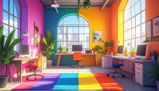 Vibrant Modern Office Space with Rainbow Accents.